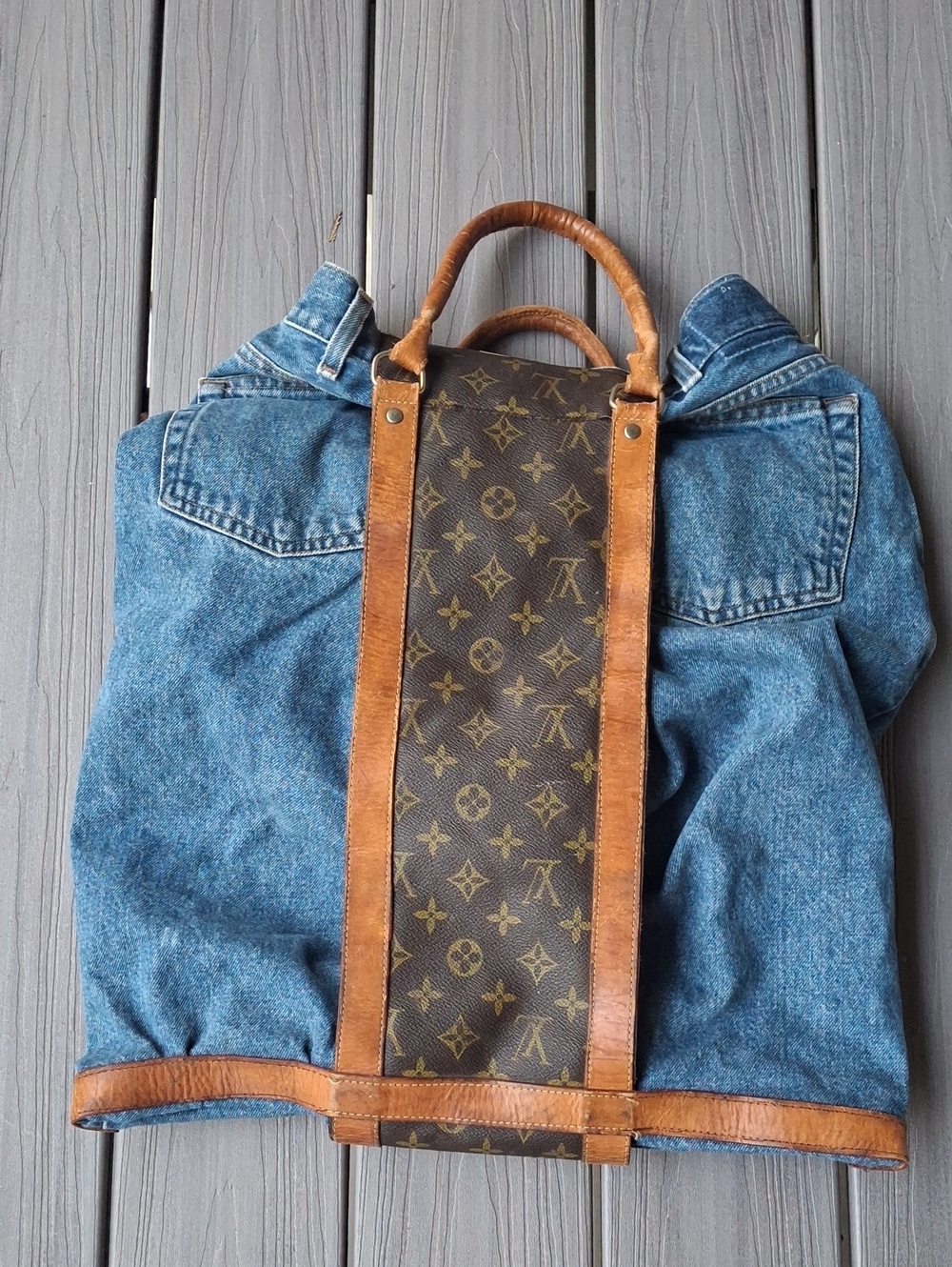 Upcycle Louis Vuitton Brown Monogram & Tan Leather Tote Bag - Picture 7 of 15
